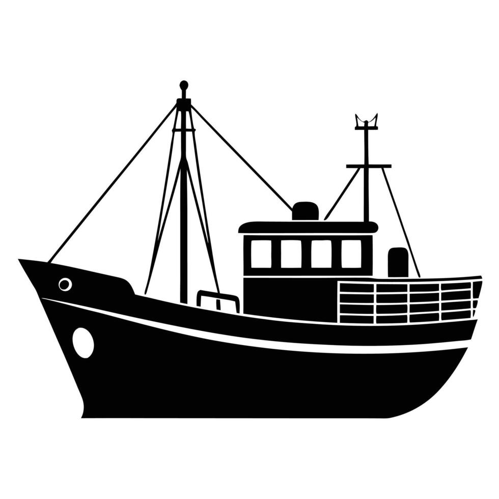 Black graphic silhouette of a classic fishing trawler boat fishing boat maritime vector