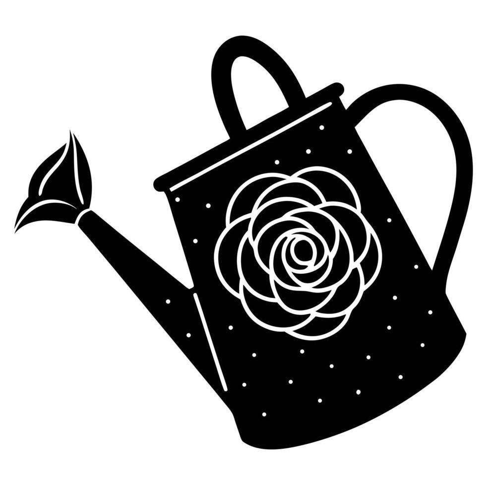 Stylized black watering can with white rose and dots garden tool floral design vector