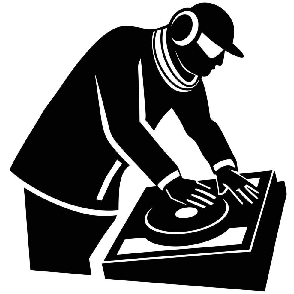 Stylized black silhouette of a dj wearing headphones and a cap white vector
