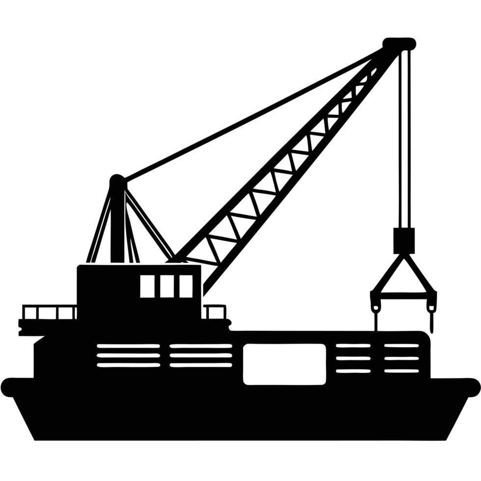 Black silhouette of a heavy duty crane vessel with lifting equipment barge maritime vector