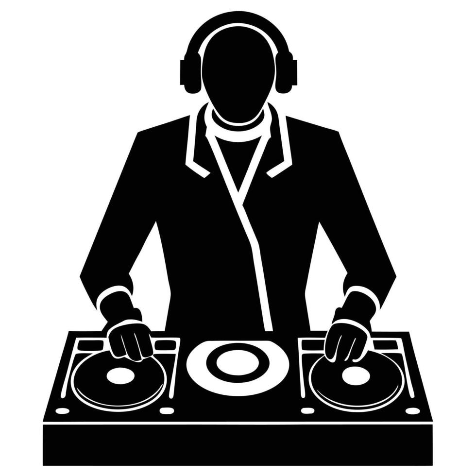 Black silhouette dj with headphones playing turntables music vector