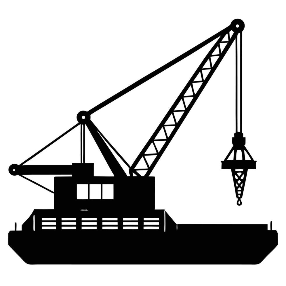 Black silhouette of a large crane on a barge vessel maritime vector
