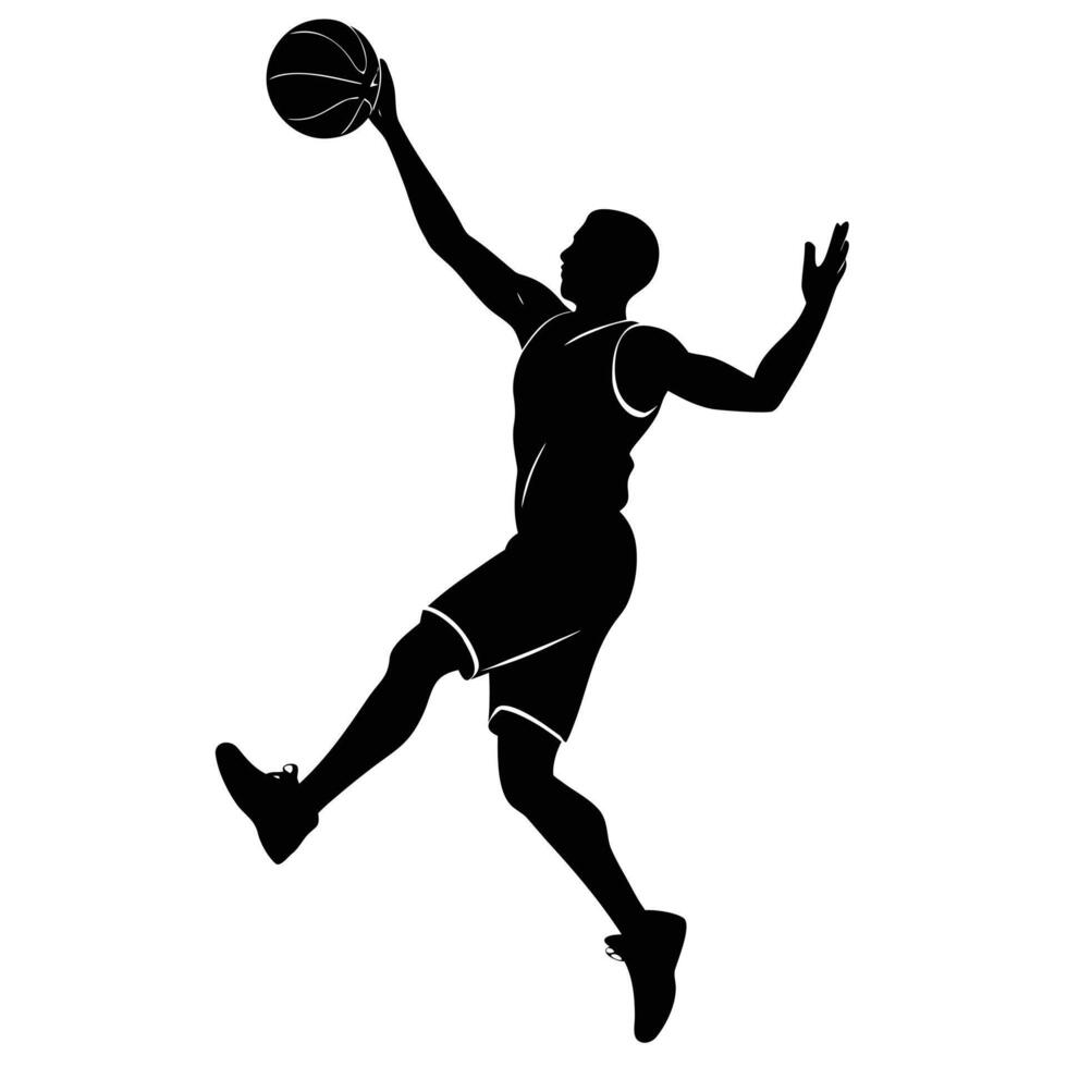 Athletic man playing basketball jumping high reaching ball player athlete vector