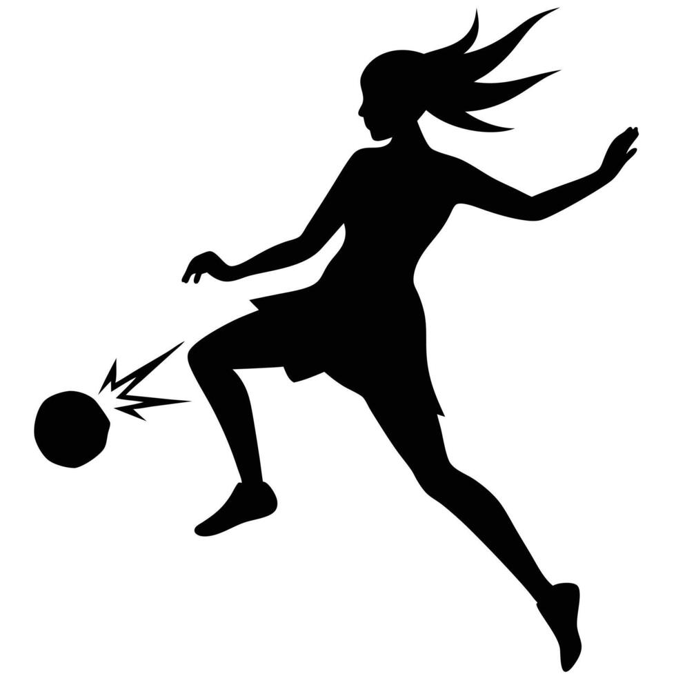 Silhouette of a female soccer player kicking a ball football vector