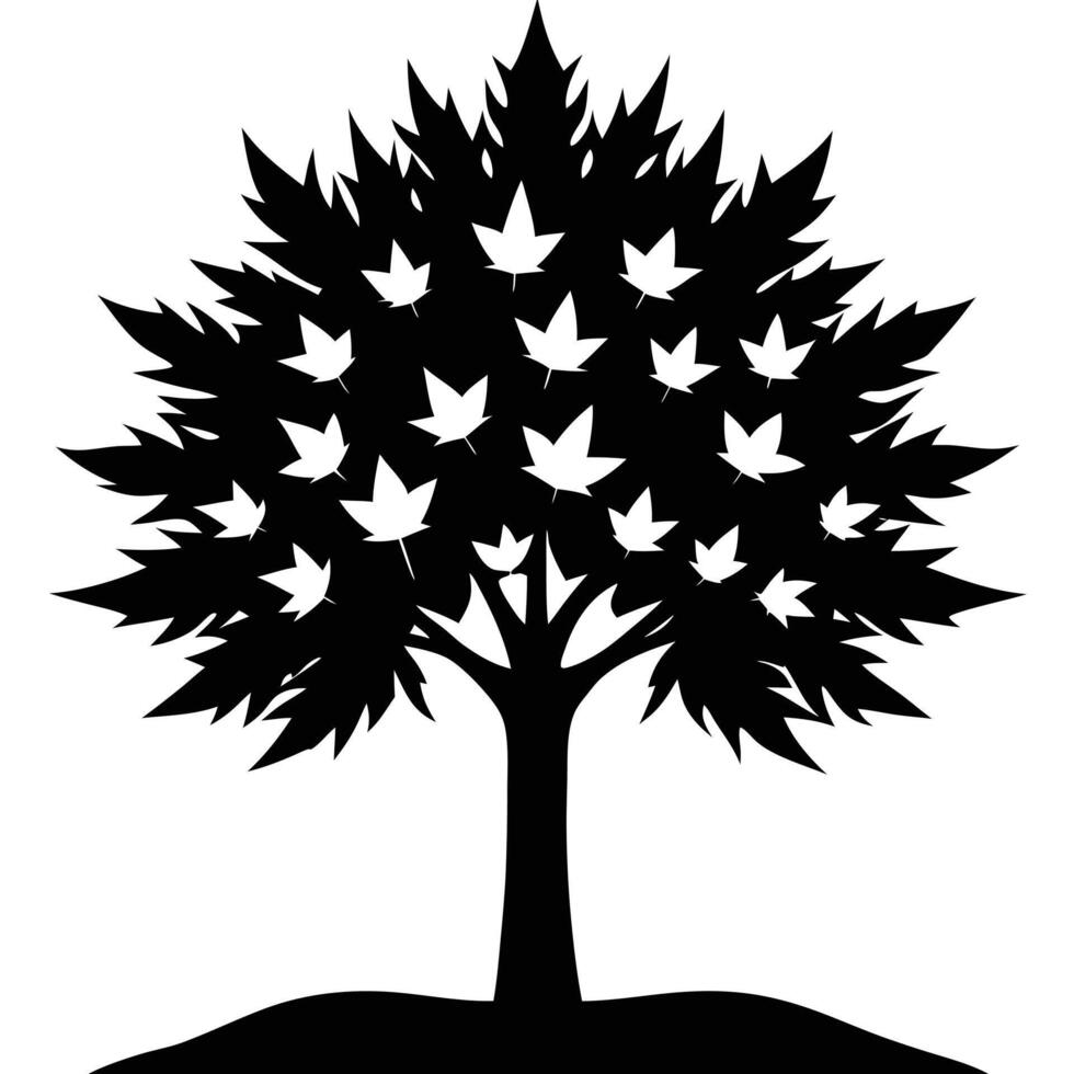 Majestic black silhouette tree with white maple leaves vector