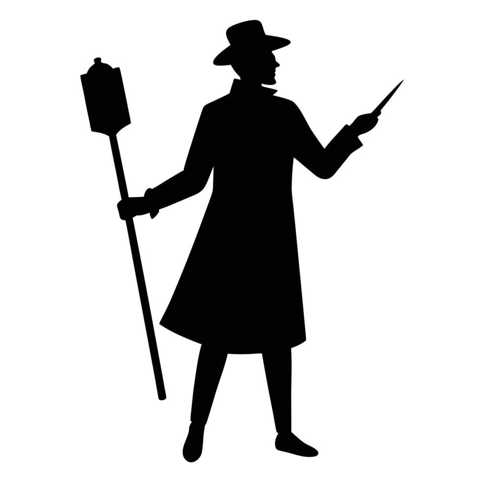 Silhouette of man in hat and coat holding brush and palette painter vector