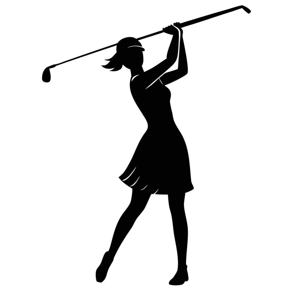 Silhouette of a woman golfer swinging a club black white vector