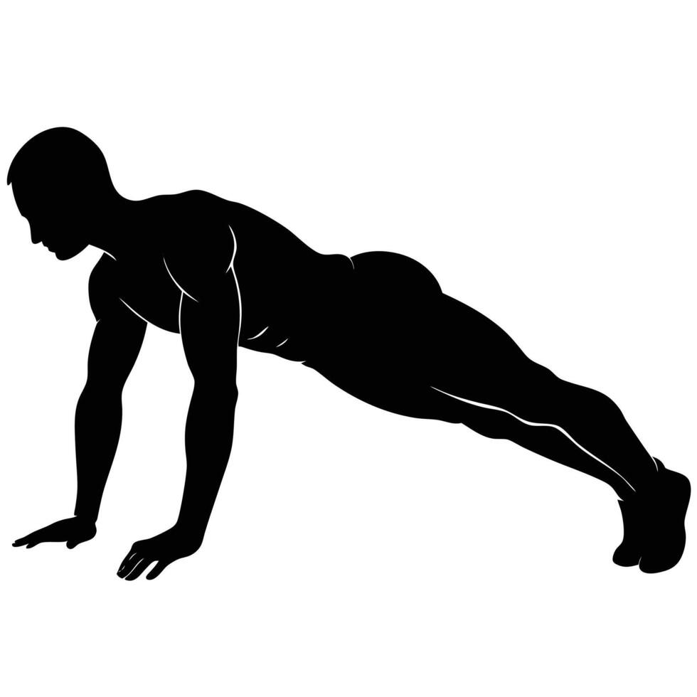 Silhouette of a muscular man performing a push up black male vector