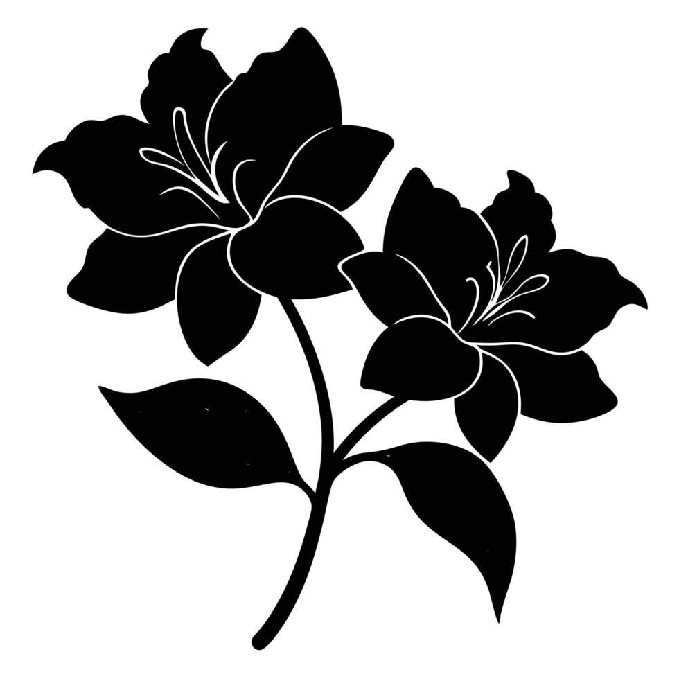 Silhouette of two azalea flowers with leaves black white vector