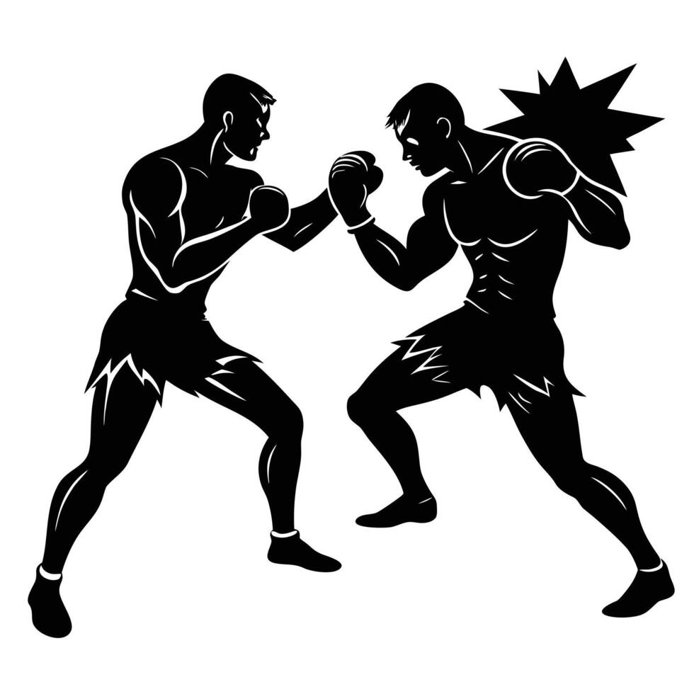 Black silhouettes of two muscular boxers punching each other boxing fighters vector