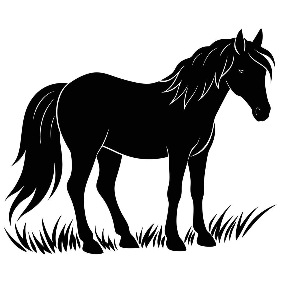 Black horse standing in grass silhouette animal vector