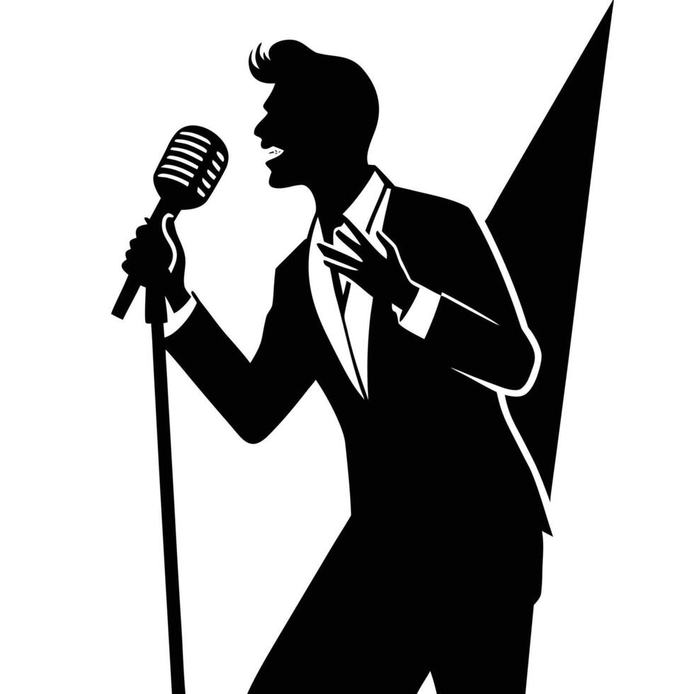 Stylish singer performing with vintage microphone black and white vector