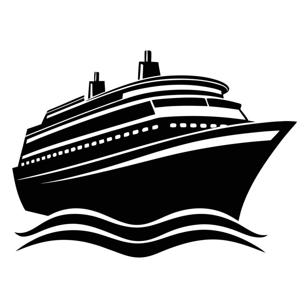 Black silhouette of a large cruise ship sailing on wavy water ocean liner vessel vector