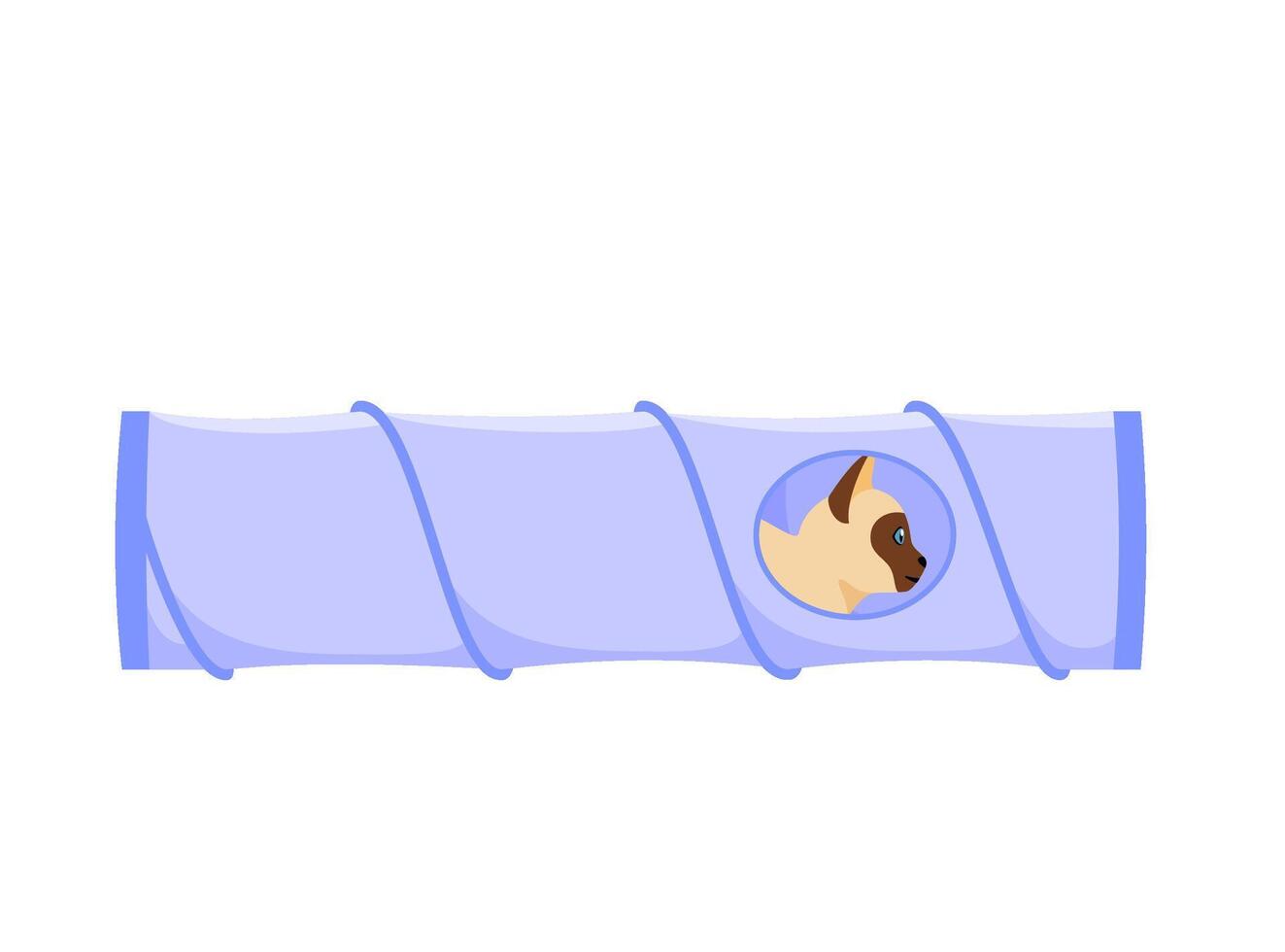 Cat tunnel. Cute siamese cat sits in collapsible toy tube. Hiding and resting place for indoor pet. Flat style vector