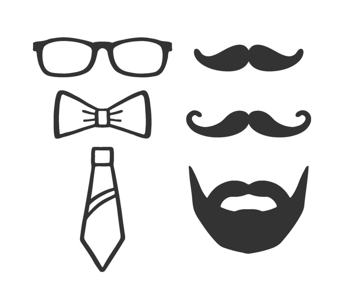 Photo props set. Glasses, moustache, bow and tie for selfie. Collection of male photo accessories. Photobooth set. vector