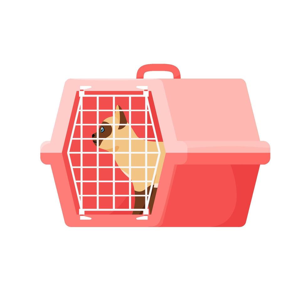 Cat in carrier. Plastic carrying case for traveling with pets or visiting veterinarian. Red cat in transportation box or kennel. Flat style vector