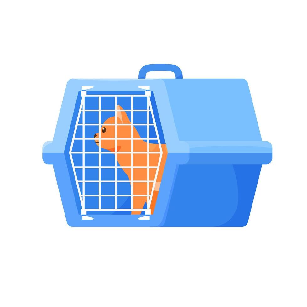 Red cat in carrier. Plastic carrying case for traveling with pets or visiting veterinarian. Red cat in transportation box or kennel. Flat style vector