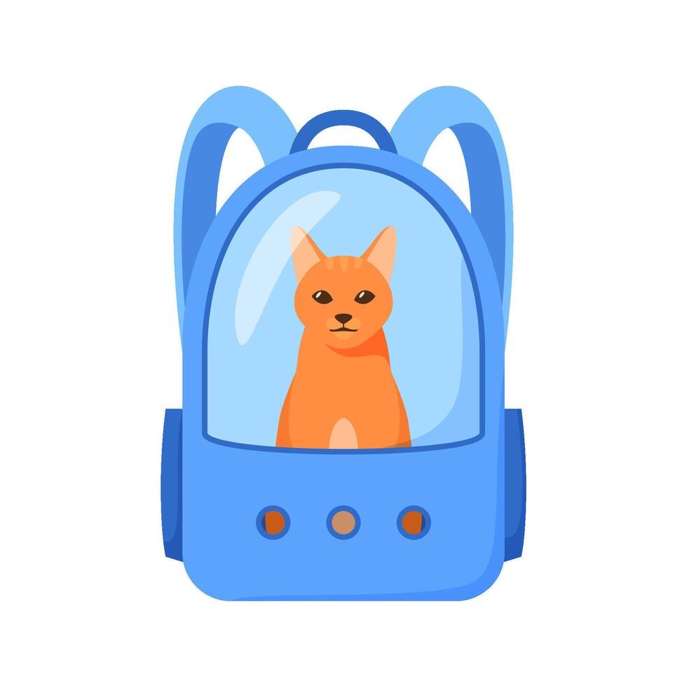 Cat in carrier bag. Backpack with window for traveling with pets or visiting veterinarian. Red cat in transportation case. Flat style vector