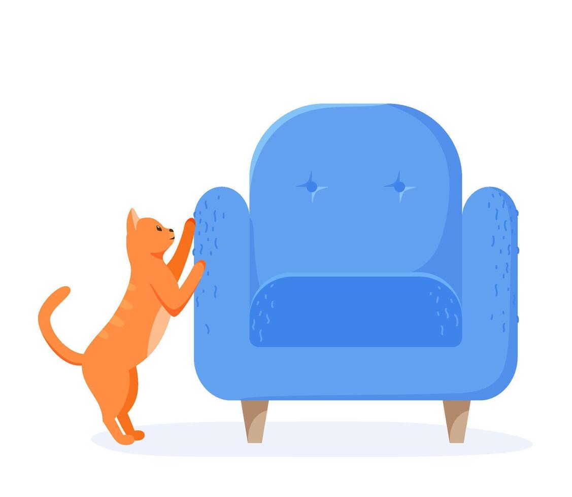 Ginger cat scratching chair. Nasty kitten destroying home furniture with claws. Bad behaved pet tearing sofa. Flat style vector