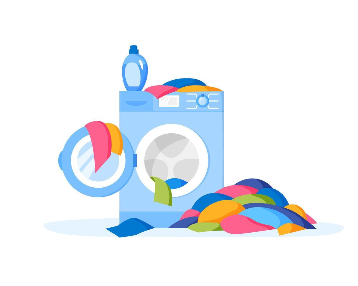 Pile of dirty clothes on floor. Washing machine and liquid detergent bottle. Heap of dirty laundry. Stack of dirty apparel on laundry day. Flat illustration. vector