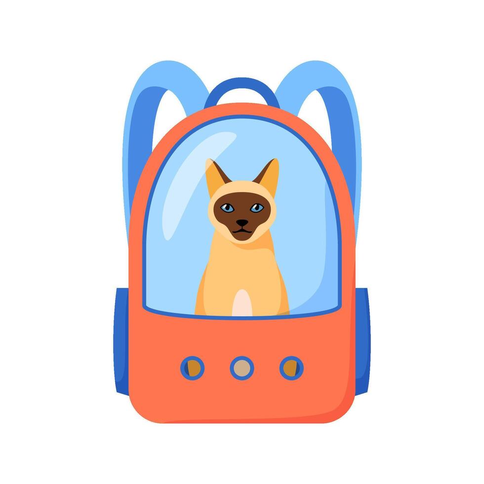 Cat in carrier bag. Backpack with window for traveling with pets or visiting veterinarian. Siamese cat in transportation case. Flat style vector