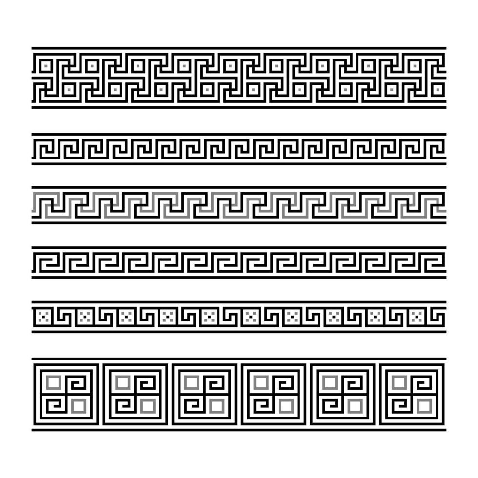 Greek key ornaments collection. Meander pattern set. Repeating geometric meandros motif. Greek fret design. Ancient decorative border vector