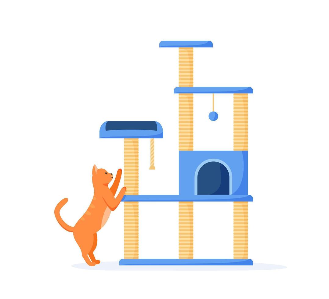 Cat tree with scratching posts and toys. Cute red cat sharpens claws on cat tower. Cat playground and house with claw sharpeners. Flat style vector