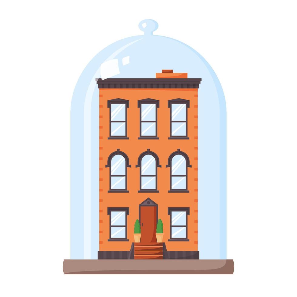 Rent control house concept. Rent stabilized apartment unit. Brick building covered by glass dome. Protected property. Flat vector