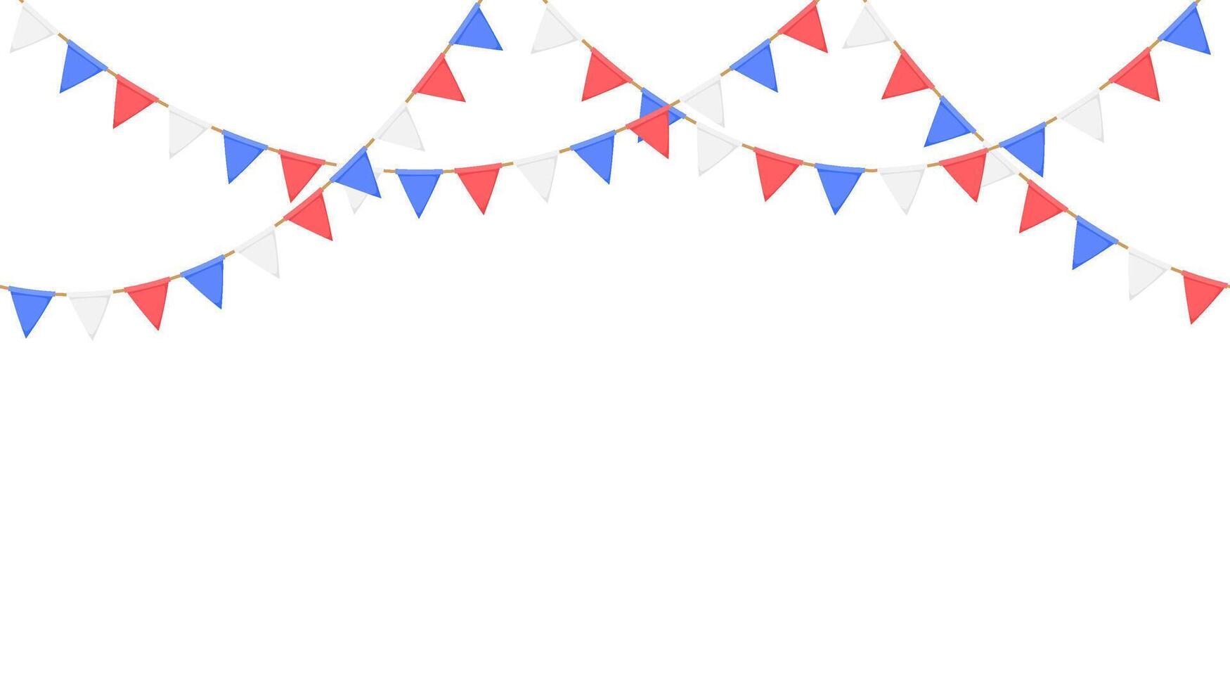 Flag garland. Repeating party bunting pattern. Triangle celebration flags chain. White, blue, red pennants decoration vector