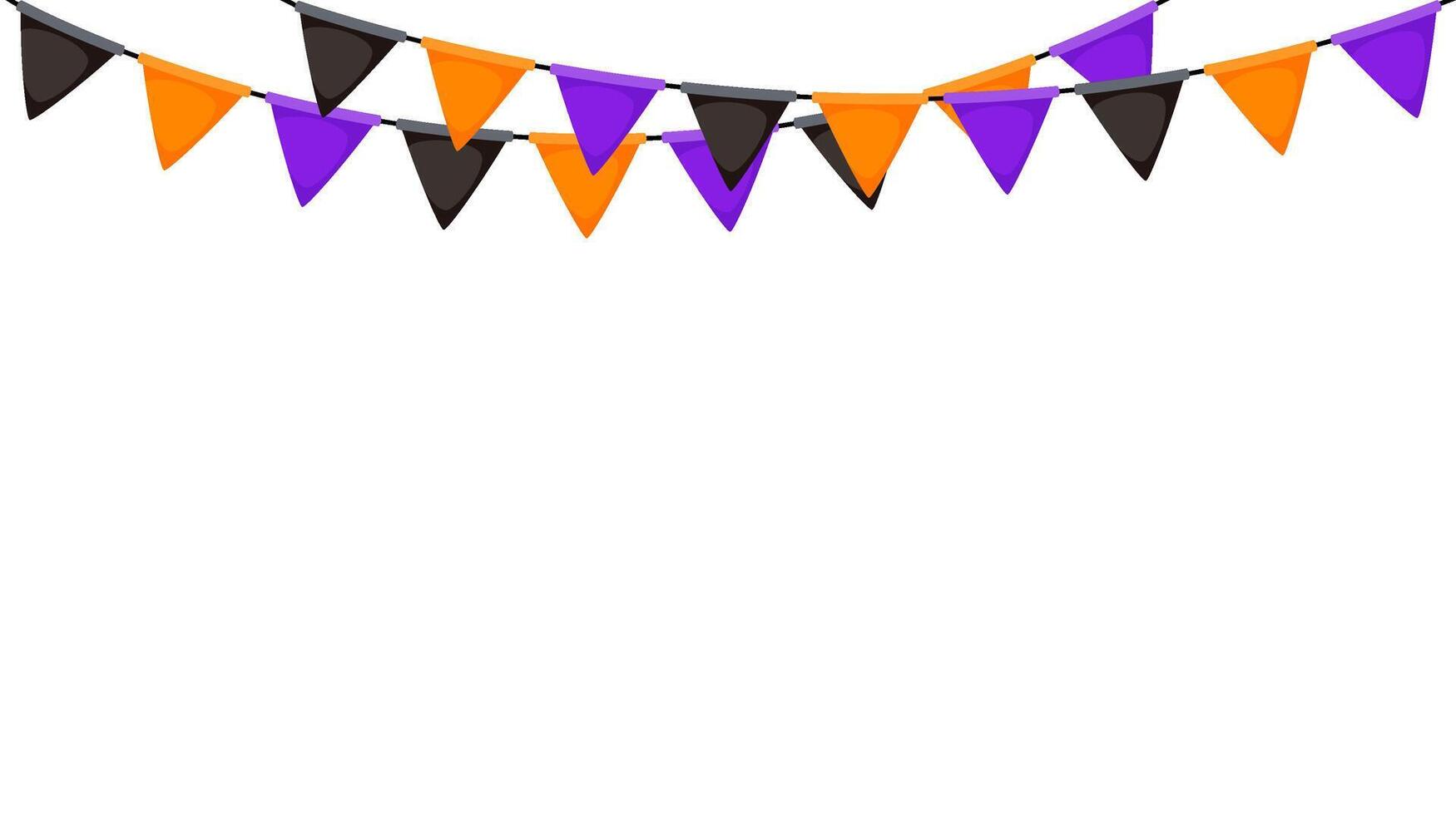 Halloween bunting. Black, orange and purple repeating flag garland. Triangle pennants chain pattern. Party bunting decoration. Celebration flags for decor. banner background vector