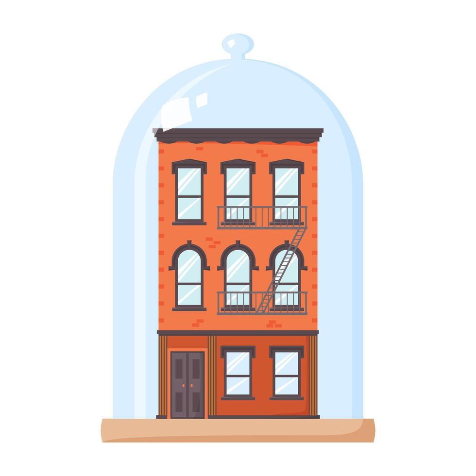 Rent control house concept. Rent stabilized apartment unit. Brick building covered by glass dome. Protected property vector