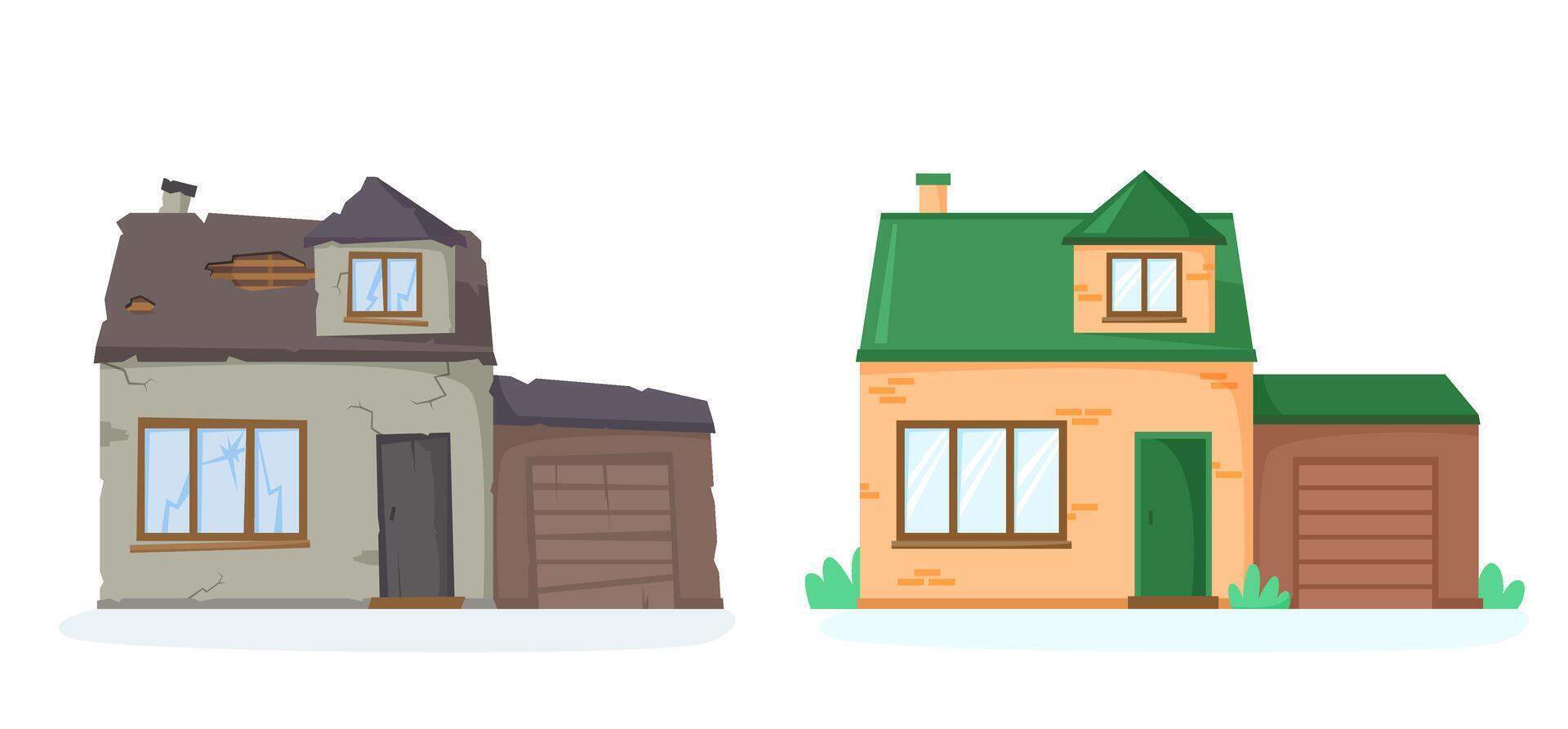 House before and after repair. Old and new suburban cottage. Run-down and renovated home. Remodelled brick house with garage. Nice detached house. vector