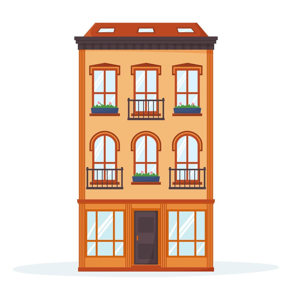 European house facade. Front view of old-fashioned brick building with balconies. Nice neighbourhood exterior. Flat vector
