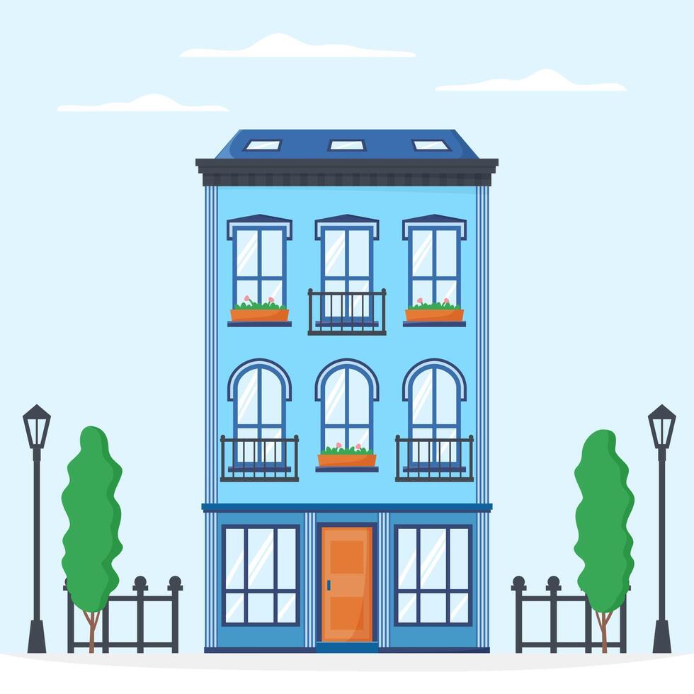 European house facade. Front view of old-fashioned brick building in French or British style. Nice neighbourhood exterior. Flat vector