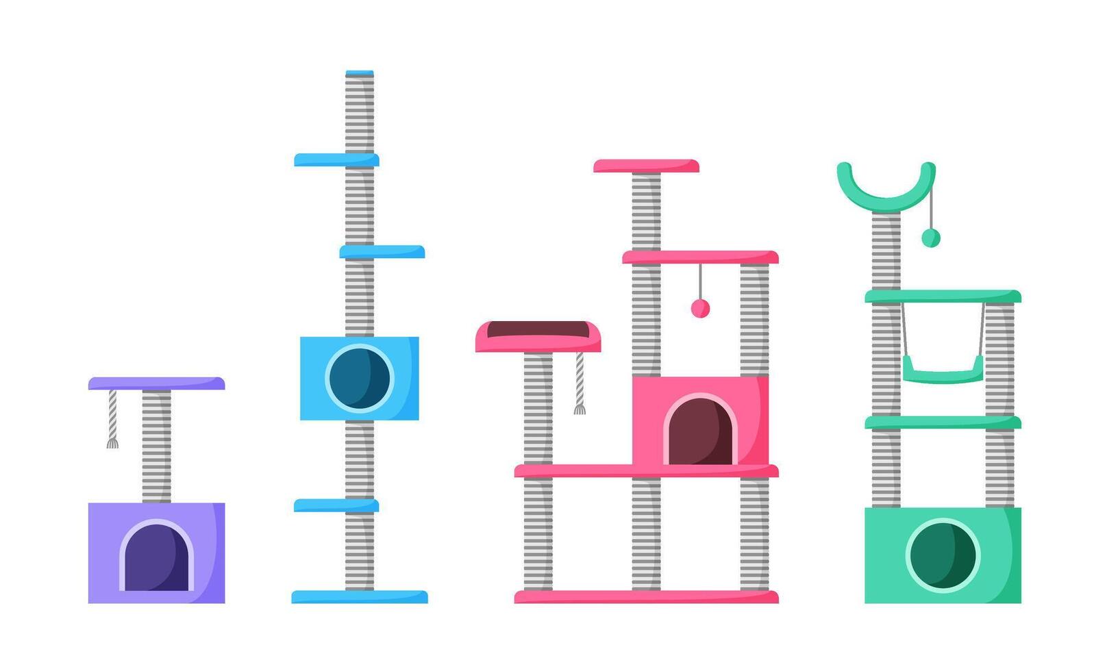 Cat trees and scratching posts set. Cat playground with claw sharpeners. Pet tower with rope posts. Supplies and accessories for domestic pets. Flat style vector