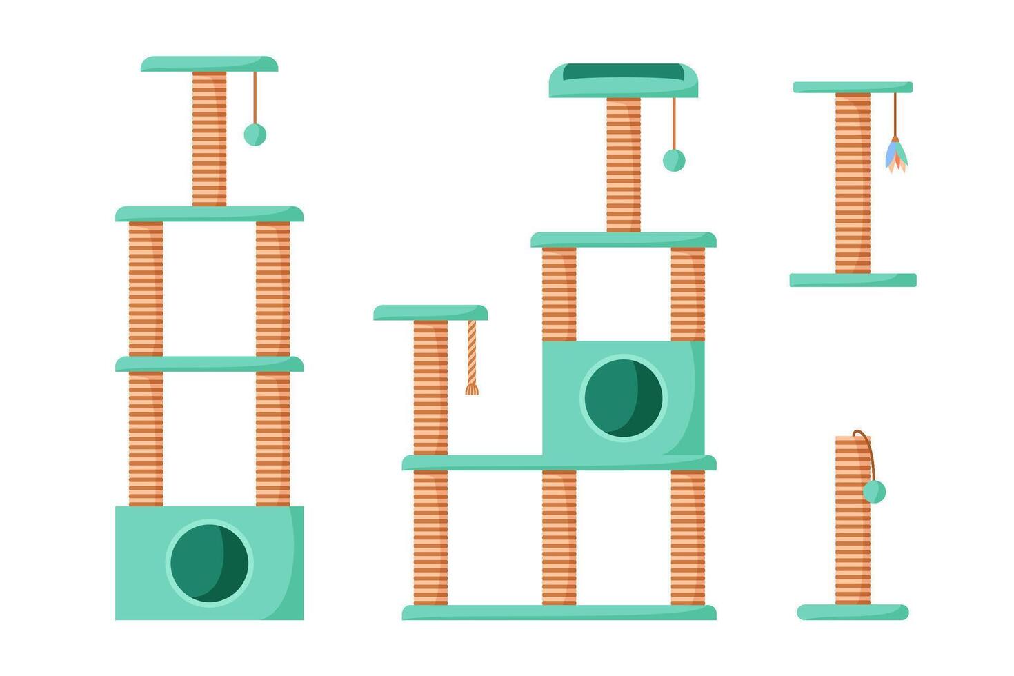 Cat trees and scratching posts set. Cat playground with claw sharpeners. Pet tower with rope posts. Supplies and accessories for domestic pets vector