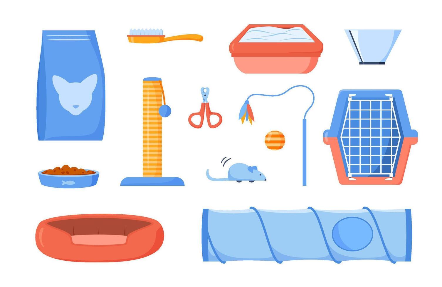 Cat supplies and accessories set for domestic pets. Pet food, scratching post, toilet, comb, scissors, feather toy, mouse, carrier, collar cone and bed. Products for animals. Flat design vector
