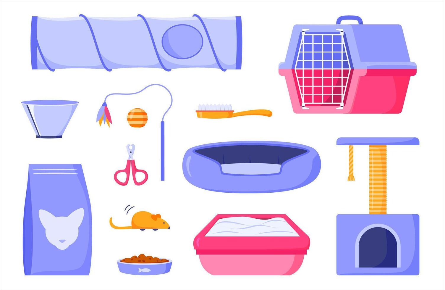 Cat supplies set for domestic pets. Pet food, scratching post, toilet, comb, scissors, feather toy, mouse, carrier, collar cone and bed. Products and accessories for animals. Flat design vector
