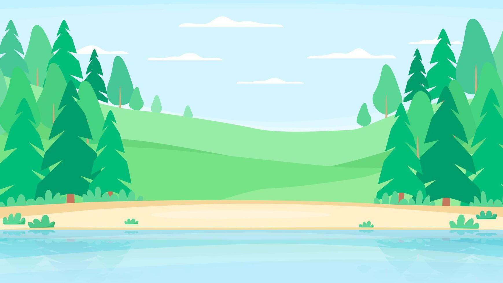 Summer landscape with forest on hills near river. National park or reserve with lake vector