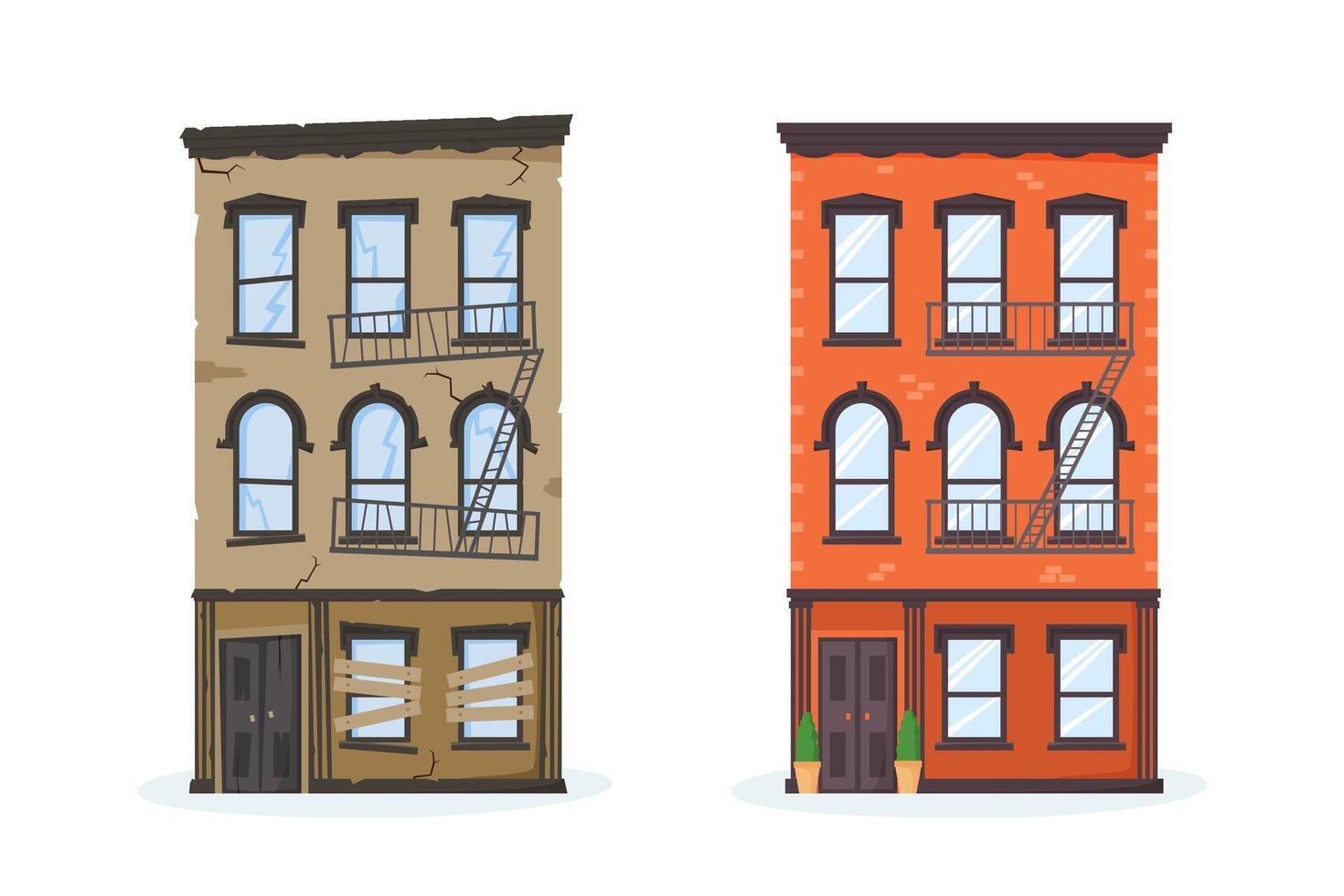 House before and after renovation. Old and new apartment unit. Run-down and repaired building. Remodelled brick house exterior. vector