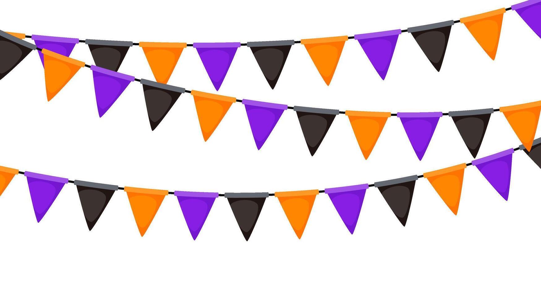 Halloween bunting. Black, orange and purple flag garland. Triangle pennants chain pattern. Party bunting decoration. Celebration flags for decor vector