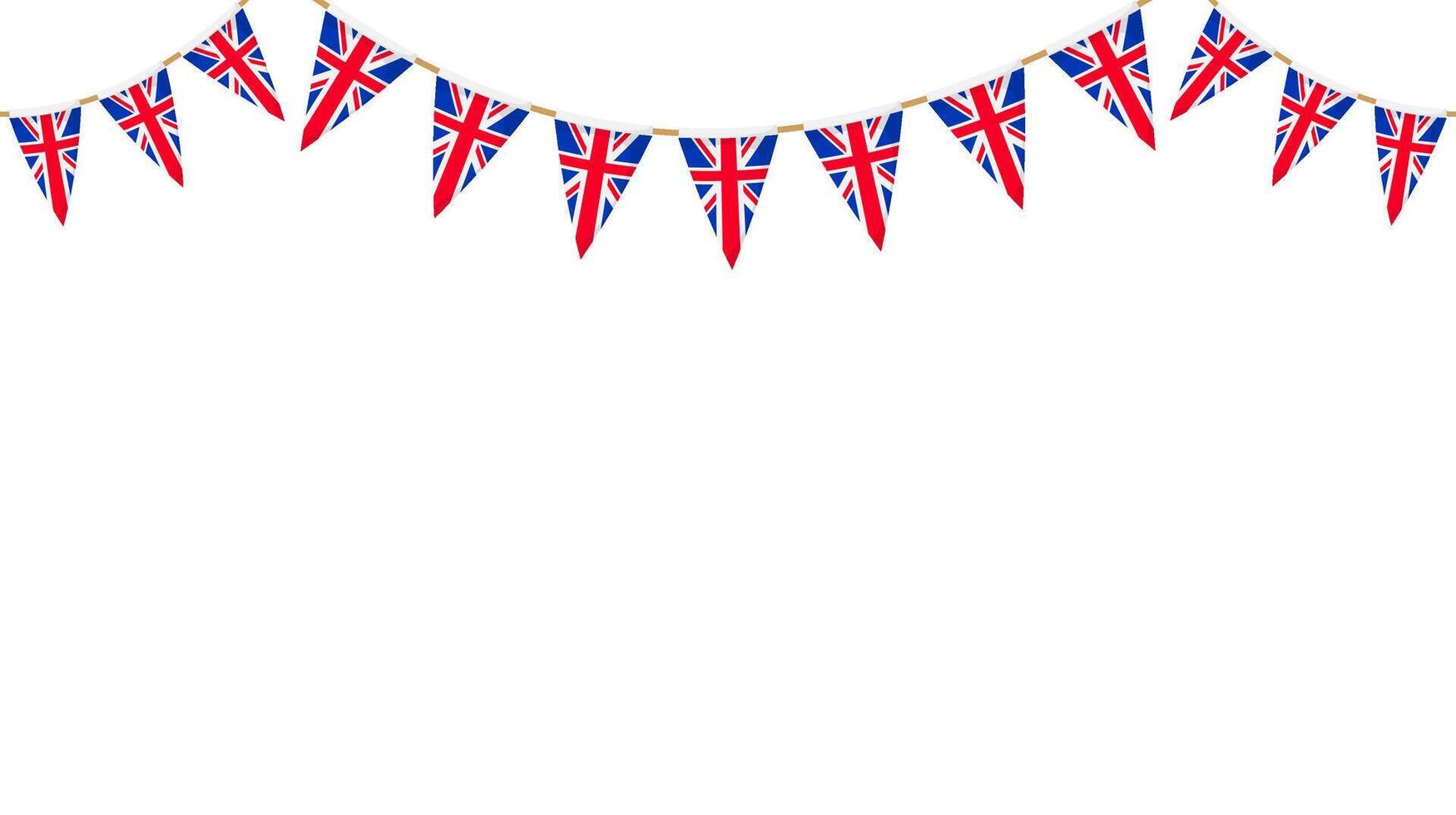 UK flag garland. Union Jack pennants chain. British party bunting decoration. Great Britain flags for celebration. Footer and banner vector