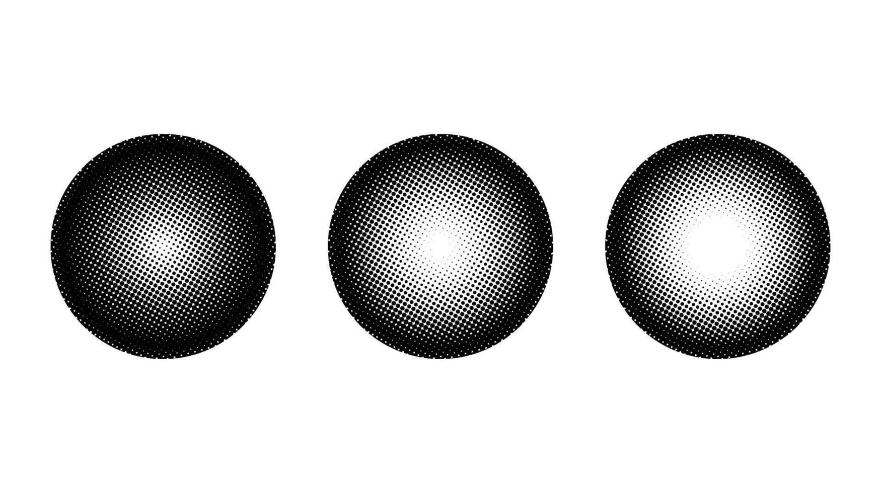 Halftone spheres set. Semitone dotted globes. Comic texture circles. Round gradient collection. Radial design elements. Pointed faded shapes. Abstract monochrome background vector