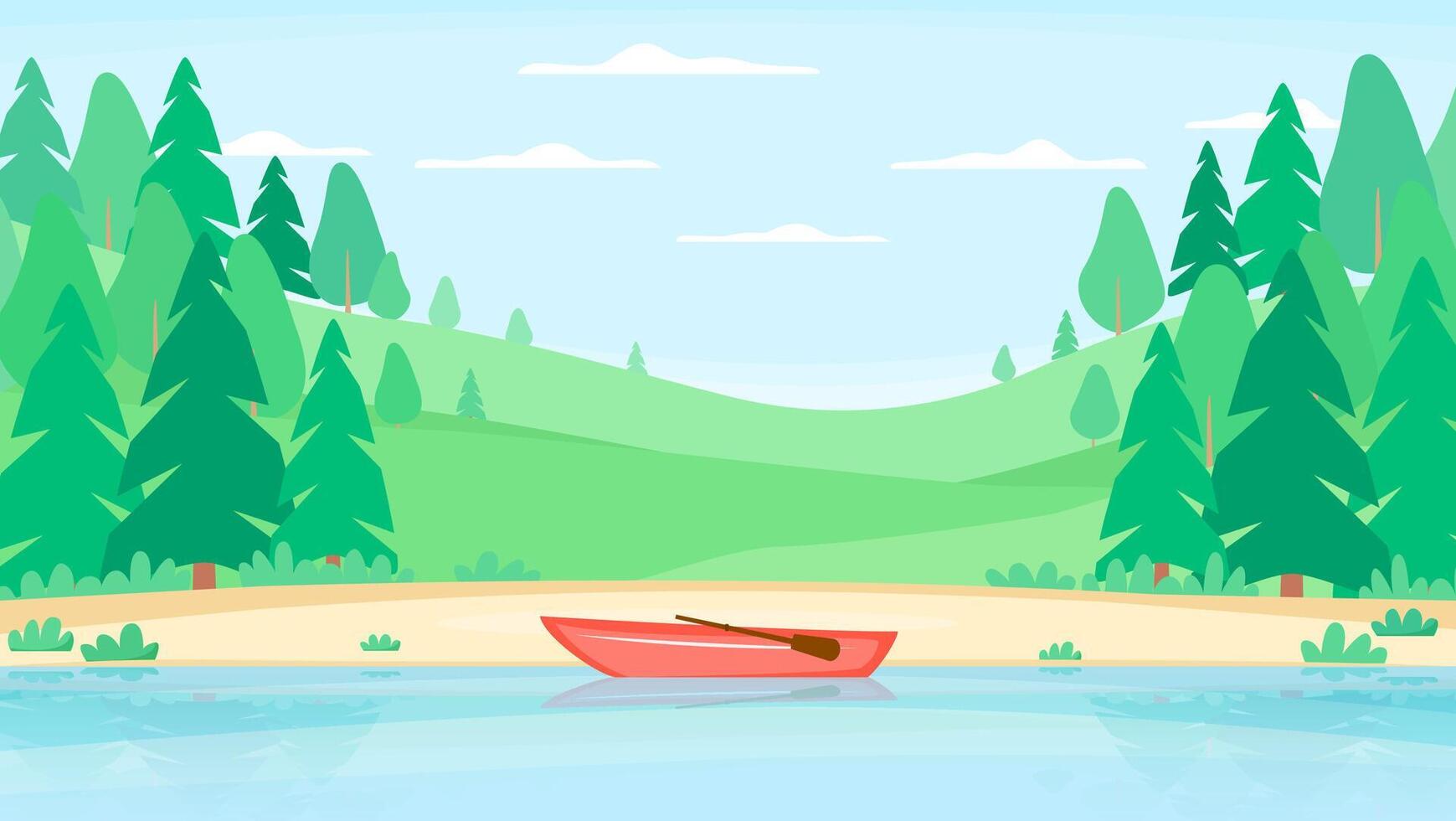 Summer landscape with forest on hills. Boat near river bank. National park or reserve with lake. Natural background. vector