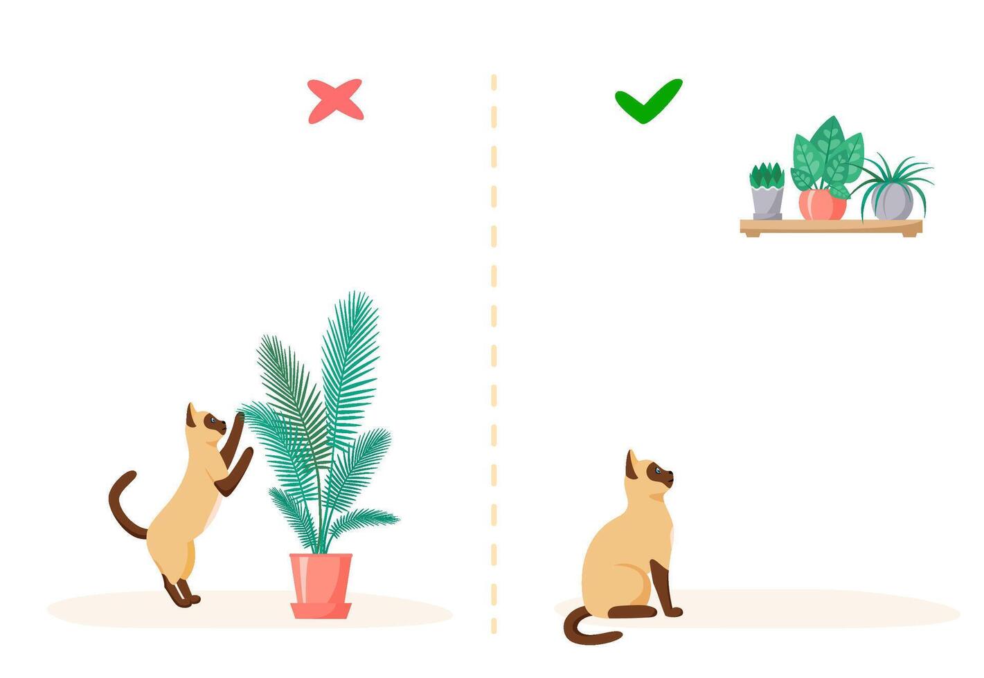 Cat and home plants. Wrong and right ways to keep plants at home with pet. Naughty siamese cat eats flowers in pots. Flat style vector