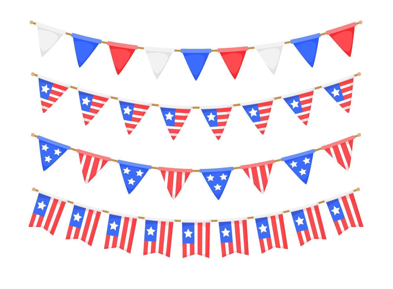 USA flag garlands set. US patriotic pennants chains collection. American party bunting decoration. United States flags for celebration. background. vector