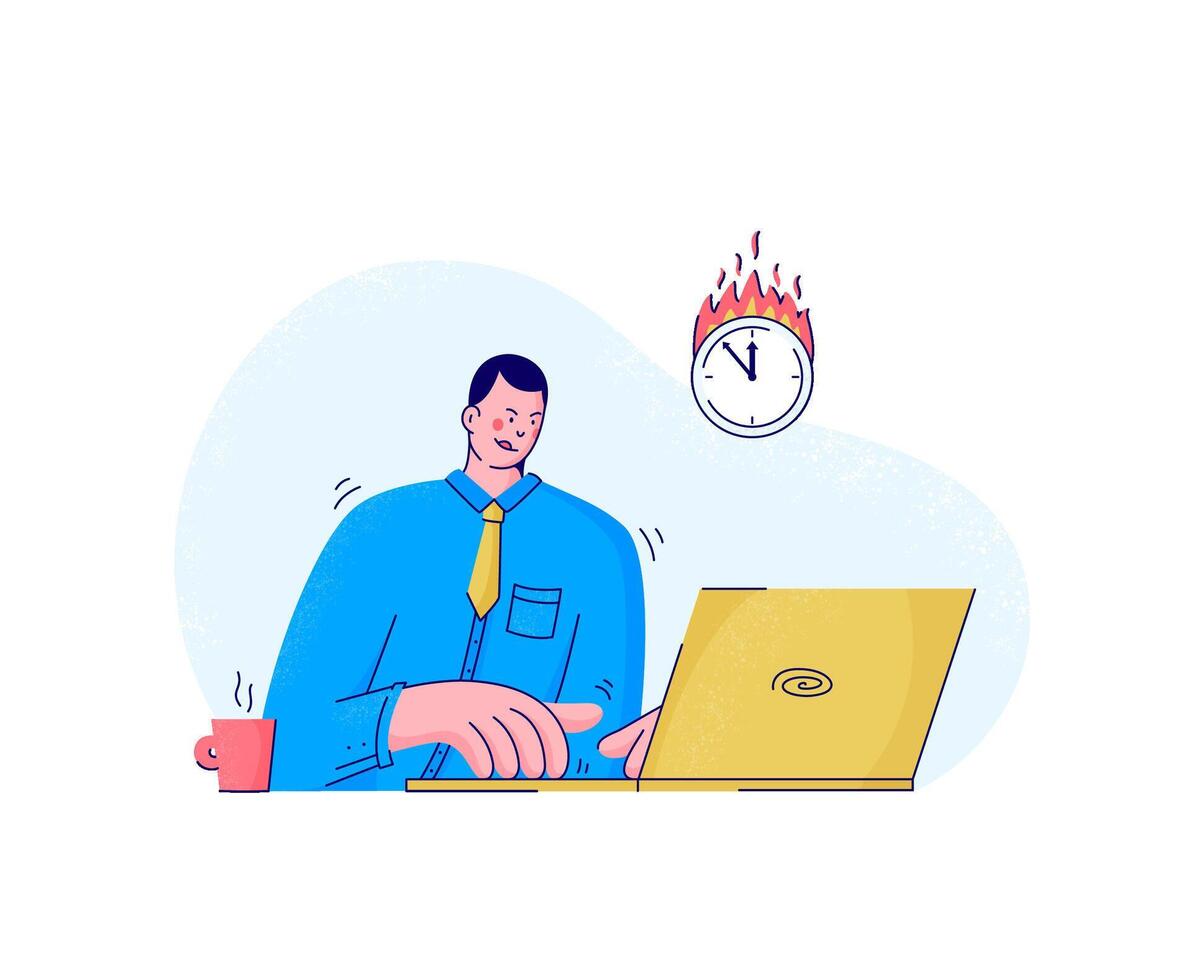Hard working person on deadline pressure. Man trying to finish project on time. Burning deadline for Office worker, businessman or freelancer. illustration vector