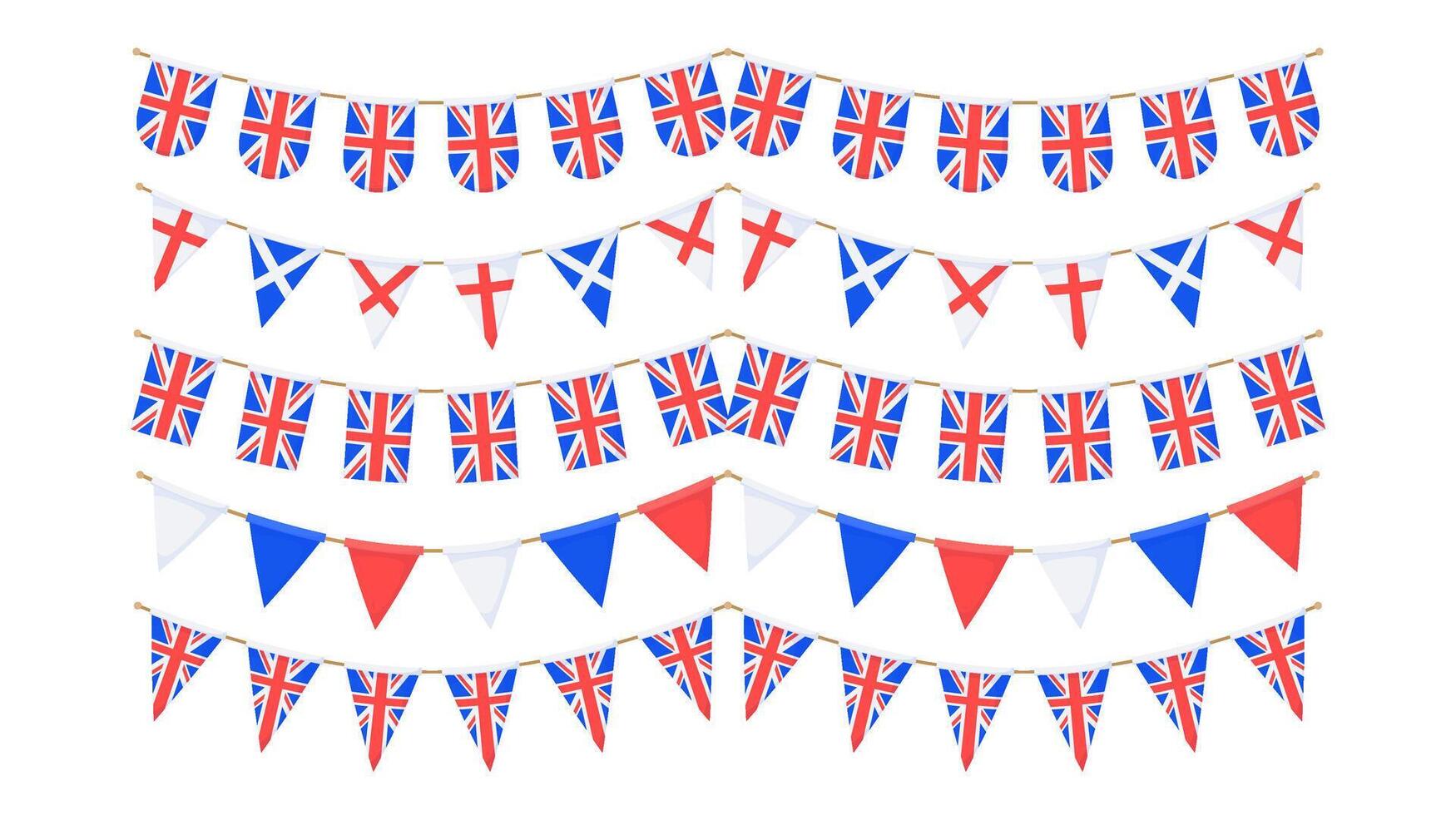 UK flag garlands set. Union Jack pennants chain collection. British party bunting decoration. Great Britain flags for celebration. Footer and banner background. vector