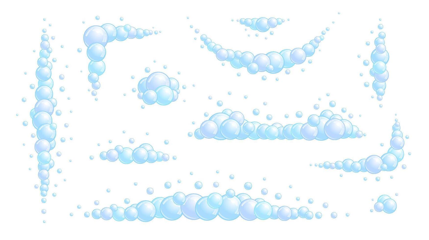 Soap bubble dividers set. Different foam decoration elements collection. Blue suds clouds borders vector
