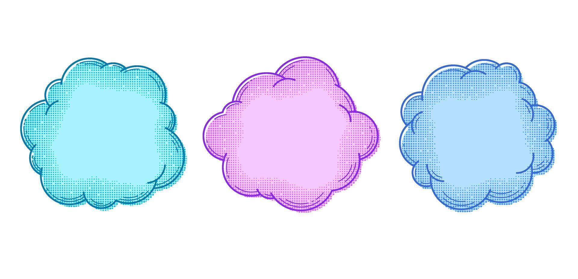 Text boxes collection. Set of text box templates in comic style. Message or speech or thought bubbles with halftone. Pop art clouds or balloons for banner. vector
